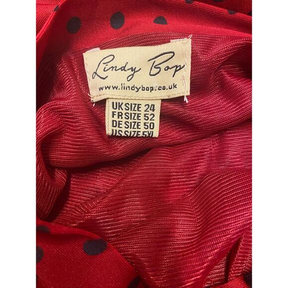 Lindy Bop Red Black Polka Dot Ruched Fit & Flare Dress Bow Shoulder Size US 20 - Picture 5 of 9